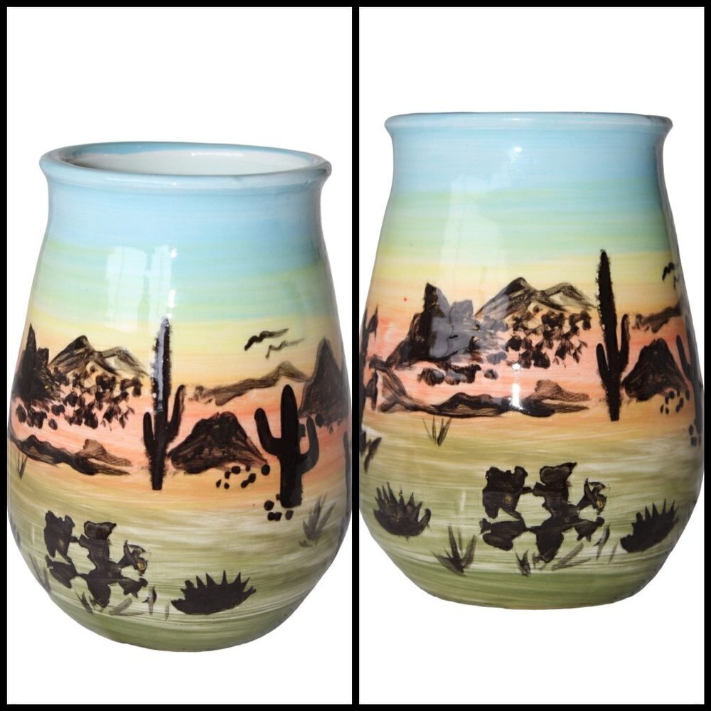 Porcelain ceramic vase Arizona desert handmade colorful sunset cactus silhouette